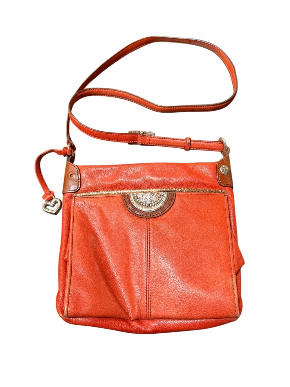 Brighton Orange Leather Crossbody with Gold Medallion and Heart Charm